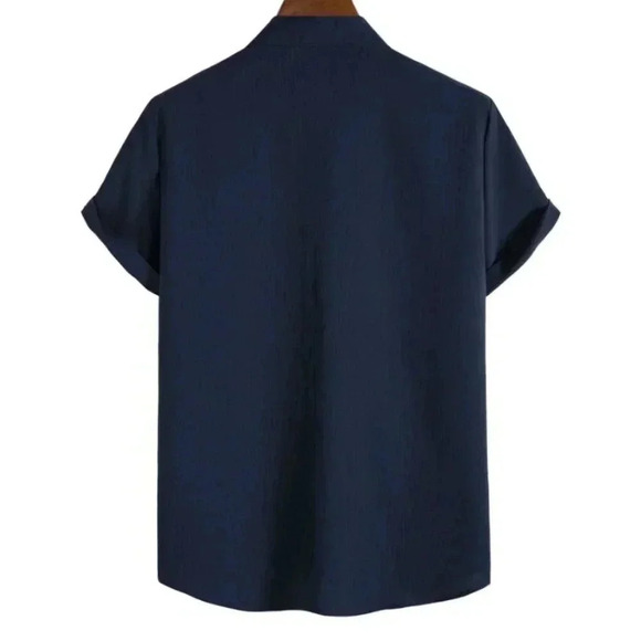 Navy Blue Preppy Mens Solid Button Up Shirt - Picture 2 of 4